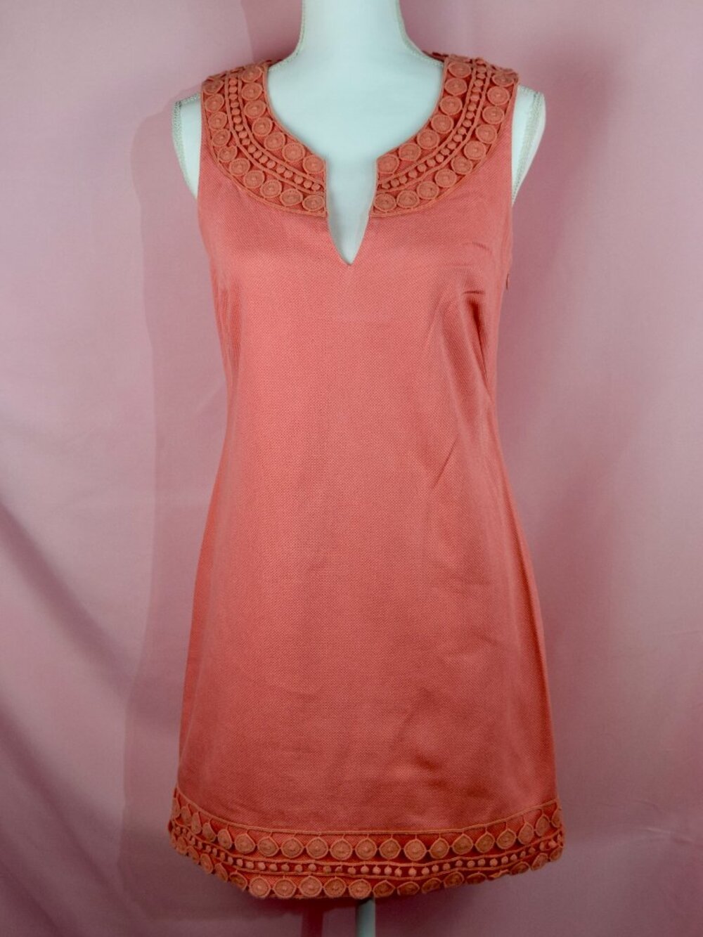Vineyard Vines Coral Pink Applique Lace Trim V-Notch Shift Dress | Size 6